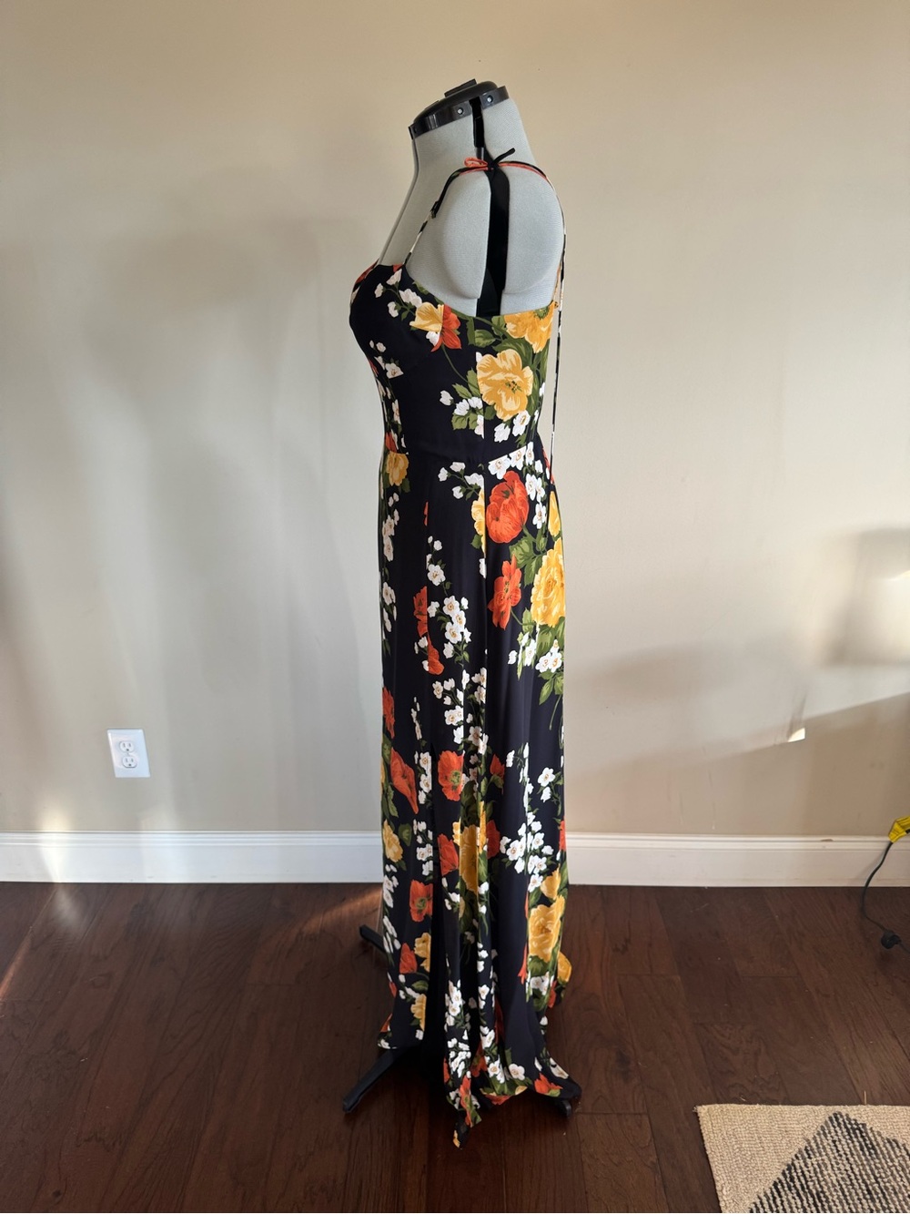 Reformation Maxi Dress with Tie Straps - Black/Yellow/Orange floral, size 12 - Picture 4 of 12